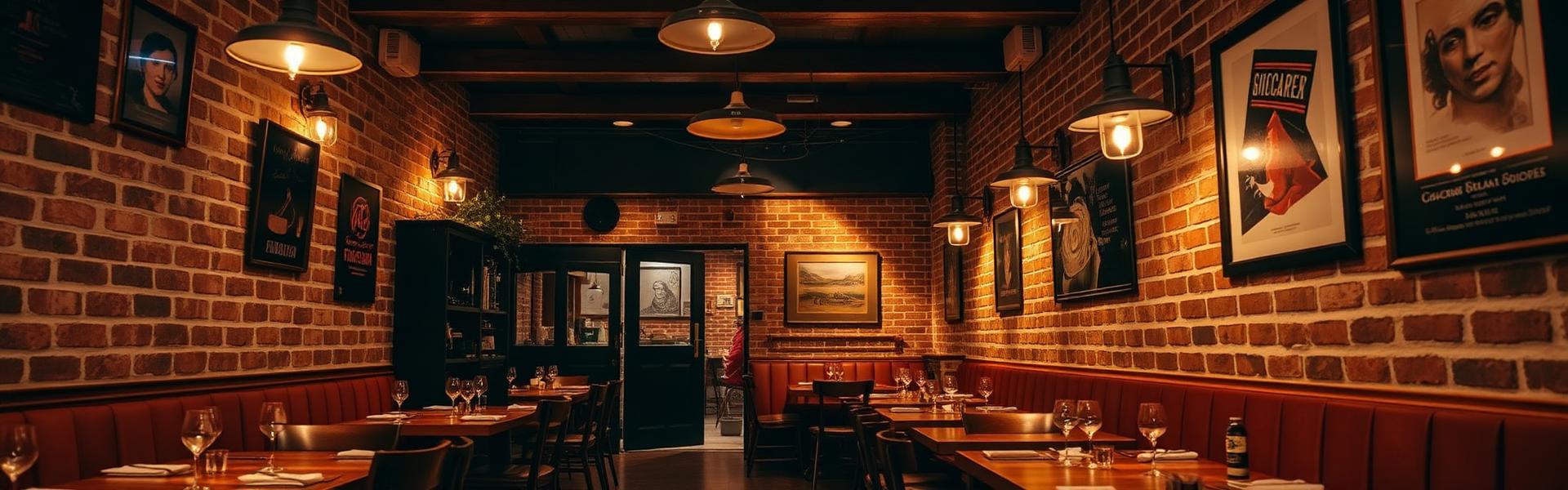 Interior călduros al Pizzeriei Rimini cu pereți din cărămidă și lumini suspendate